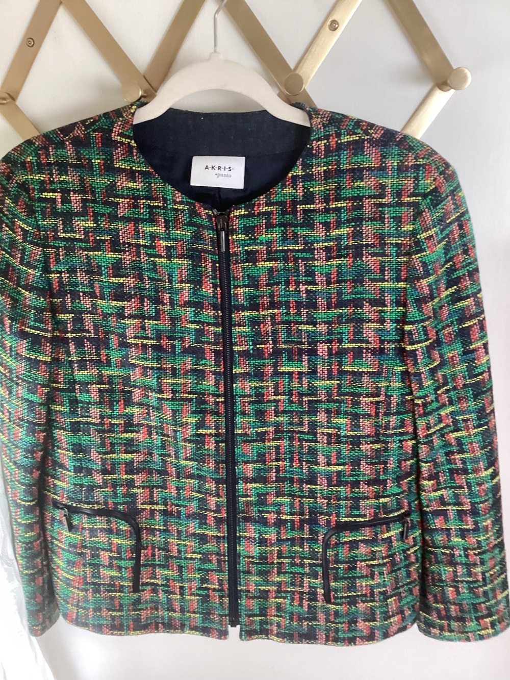 Akris Punto Multicolor Tweed Zip Jacket with Green and Pink Accents